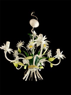 Floral daisy Flower chandelier Bianci Bright Boho Glamour Tole , Italy 1960s