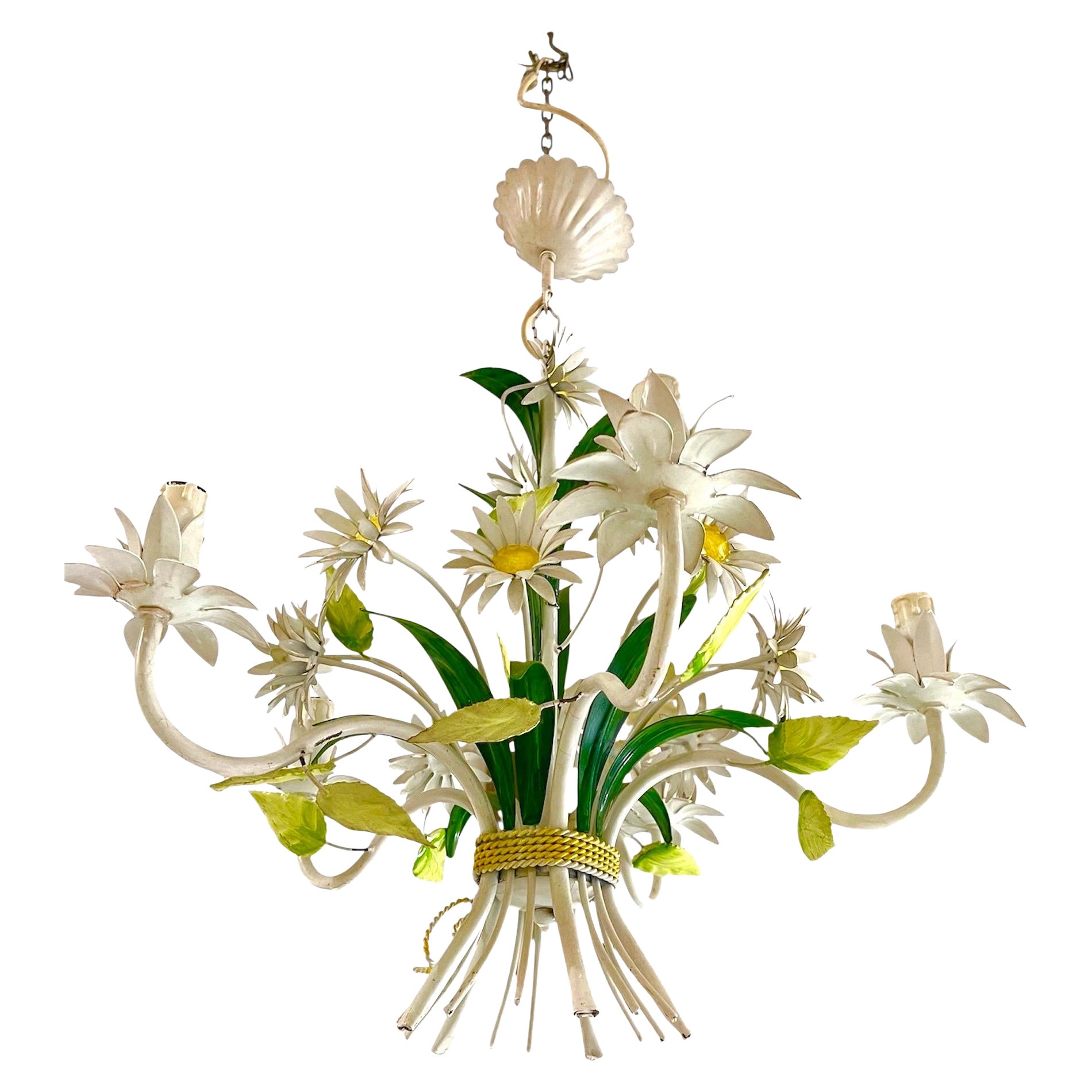 Floral daisy Flower chandelier Bianci Bright Boho Glamour Tole , Italy 1960s