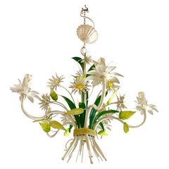 Floral daisy Flower chandelier Bianci Bright Boho Glamour Tole , Italy 1960s