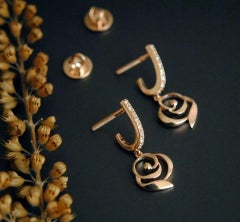 Floral Dangle Diamond Earrings 14k Rose Gold Flower Charm Huggie