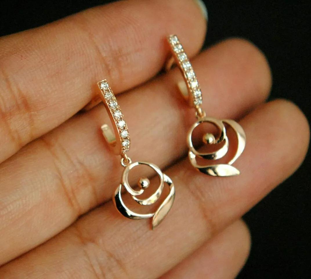 Floral Dangle Diamond Earrings 14k Rose Gold Flower Charm Huggie In New Condition For Sale In Chicago, IL