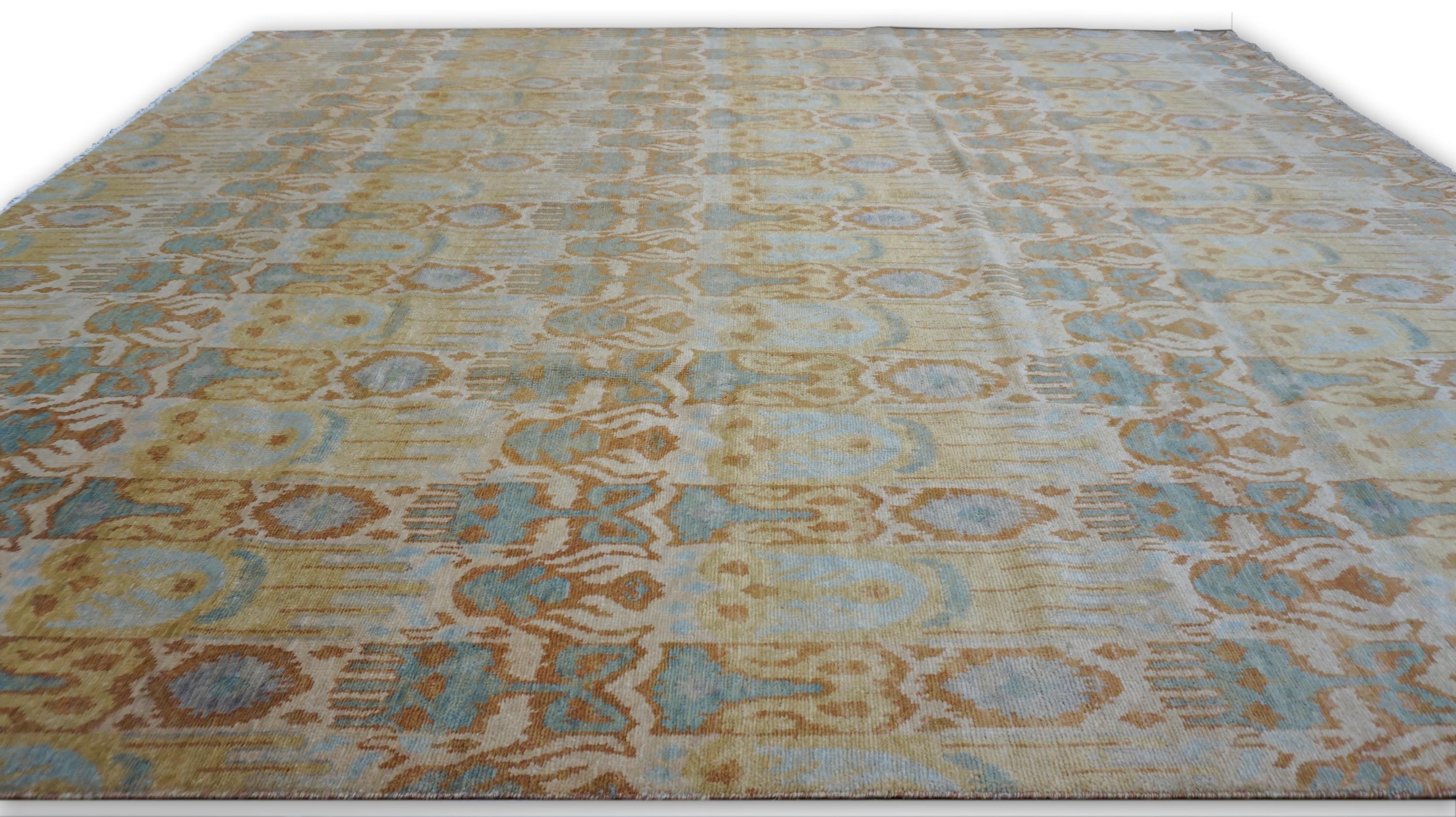 Asiatique Tapis déco bleu vert or 10'x11'6'' en vente