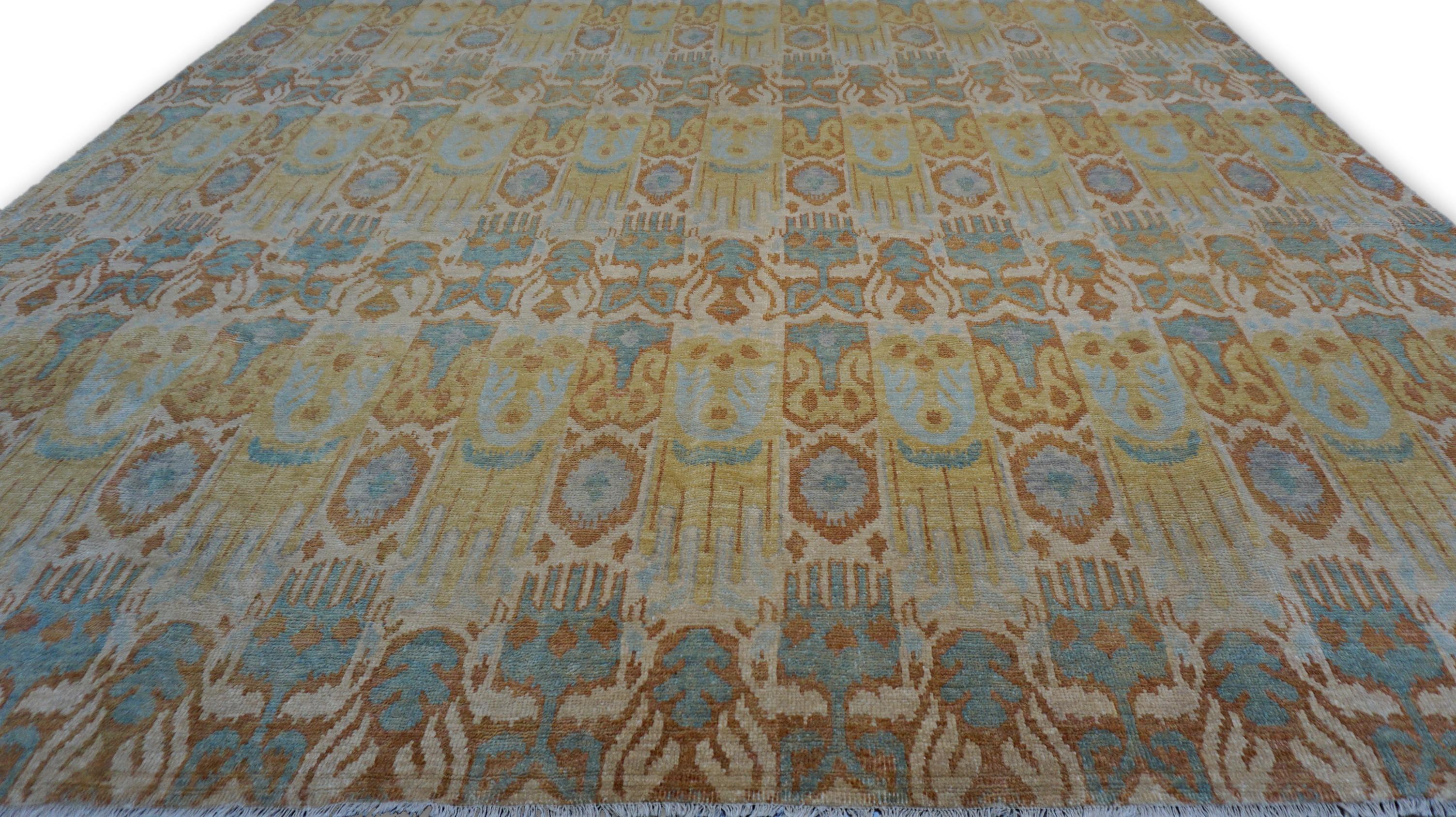 Noué à la main Tapis déco bleu vert or 10'x11'6'' en vente