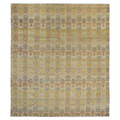 Floral Deco Blue Green Gold Wool Rug 10'x11'6''