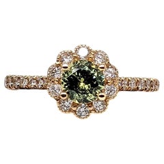 Floral Demantoid Ring with Natural Diamonds Accents: Solid 14K Gold, Round 5mm