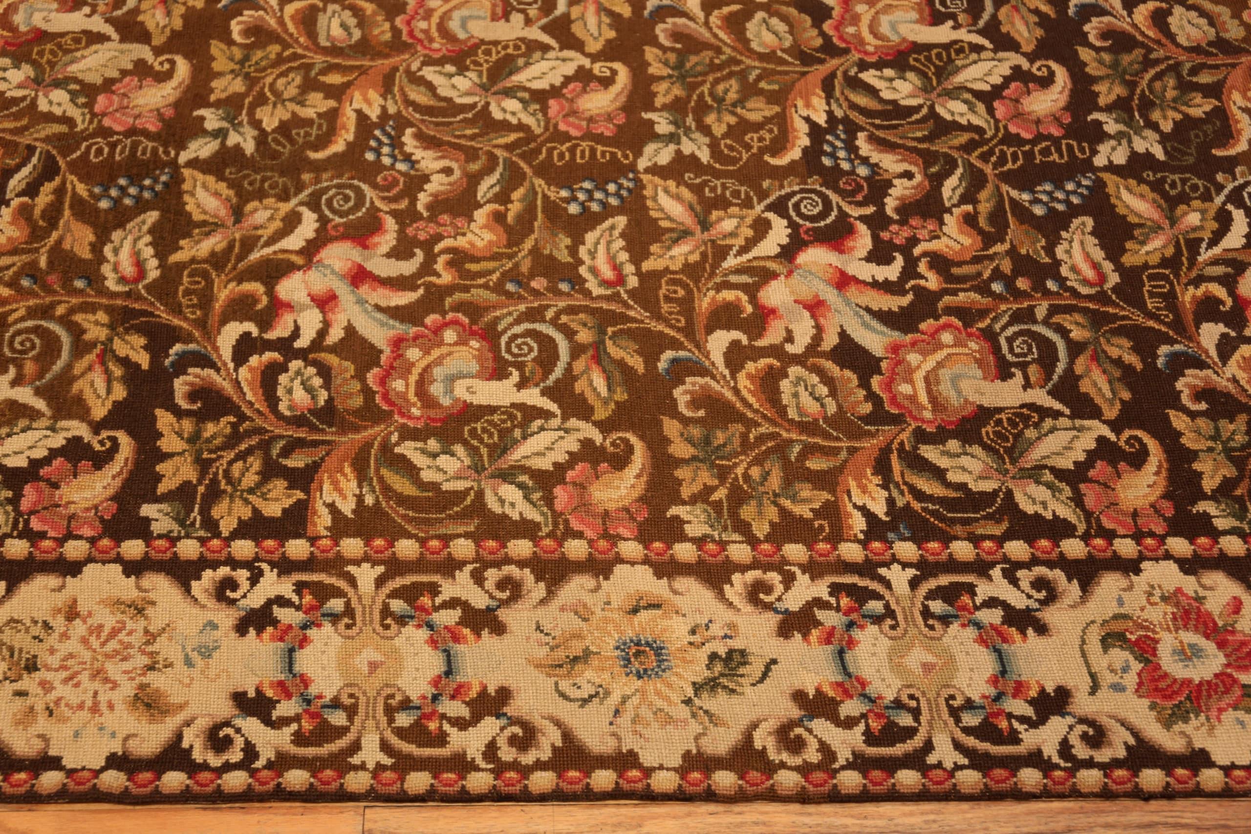 Hand-Knotted Floral Design Antique English Needlepoint Flat Weave Area Rug 6'3