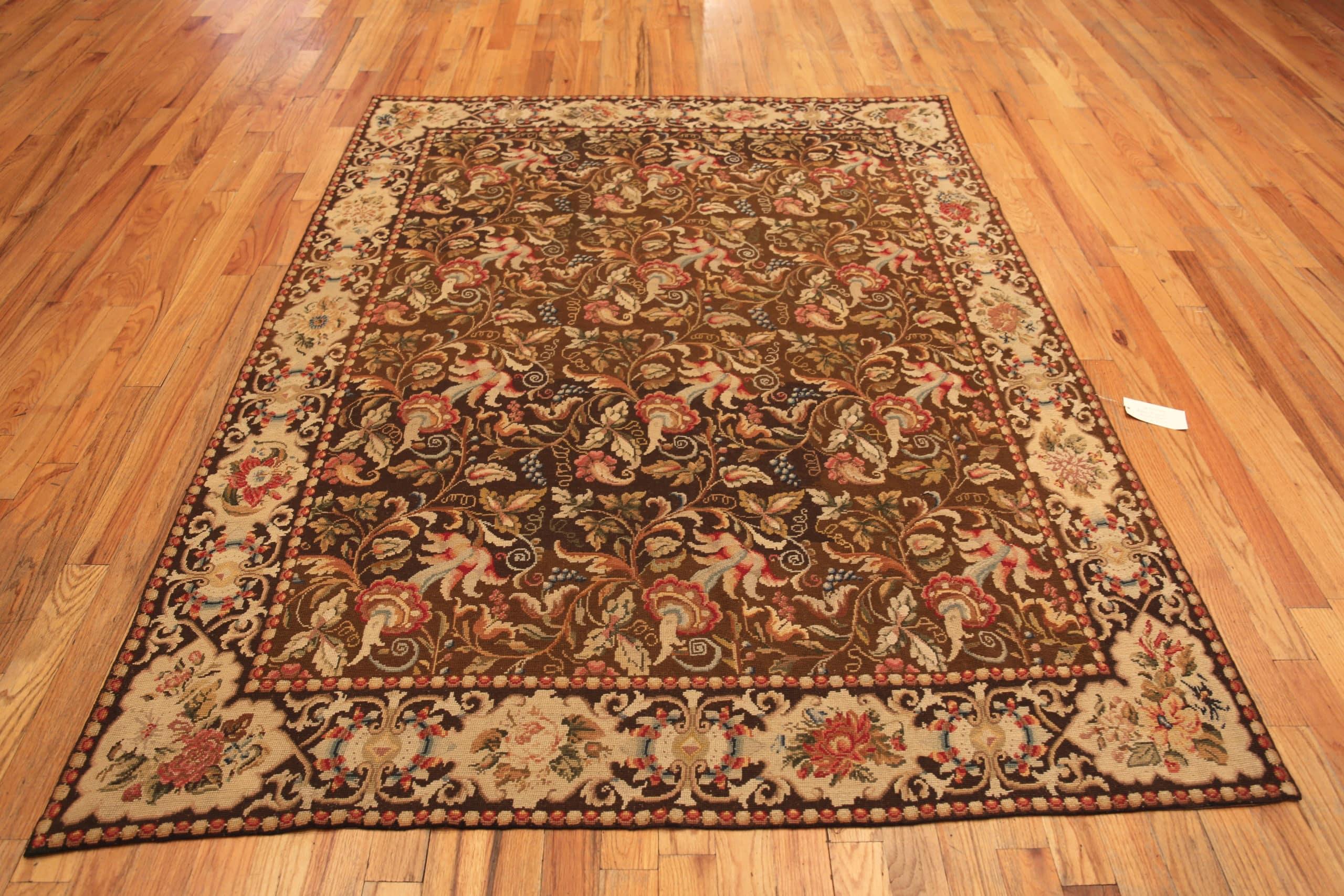 Floral Design Antique English Needlepoint Flat Weave Area Rug 6'3