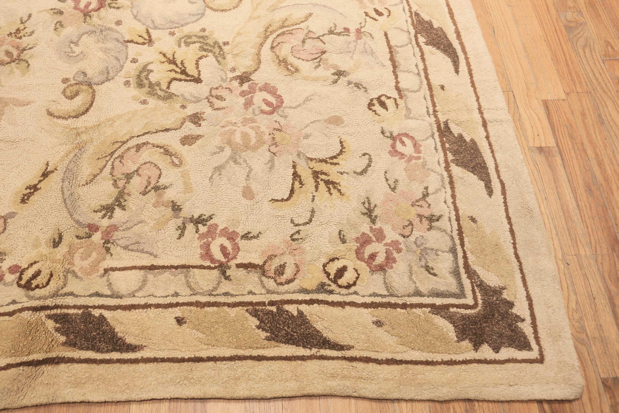 20th Century Floral Design Antique Ivory Oversized American Hooked Rug 12'4