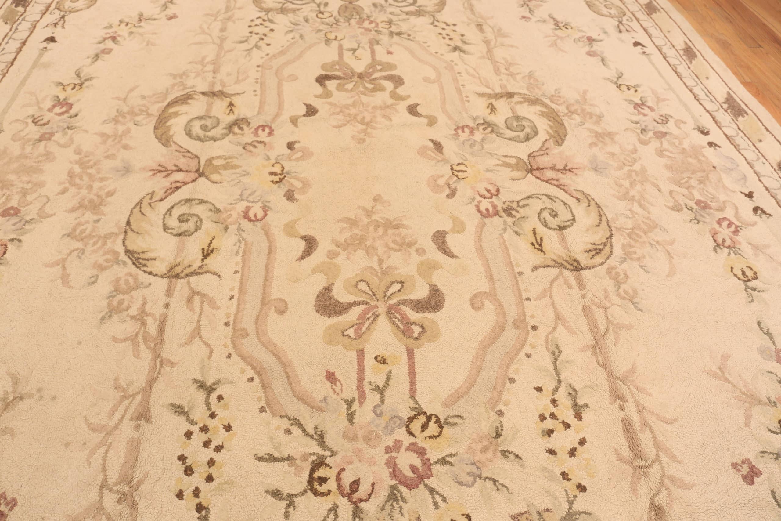 Wool Floral Design Antique Ivory Oversized American Hooked Rug 12'4