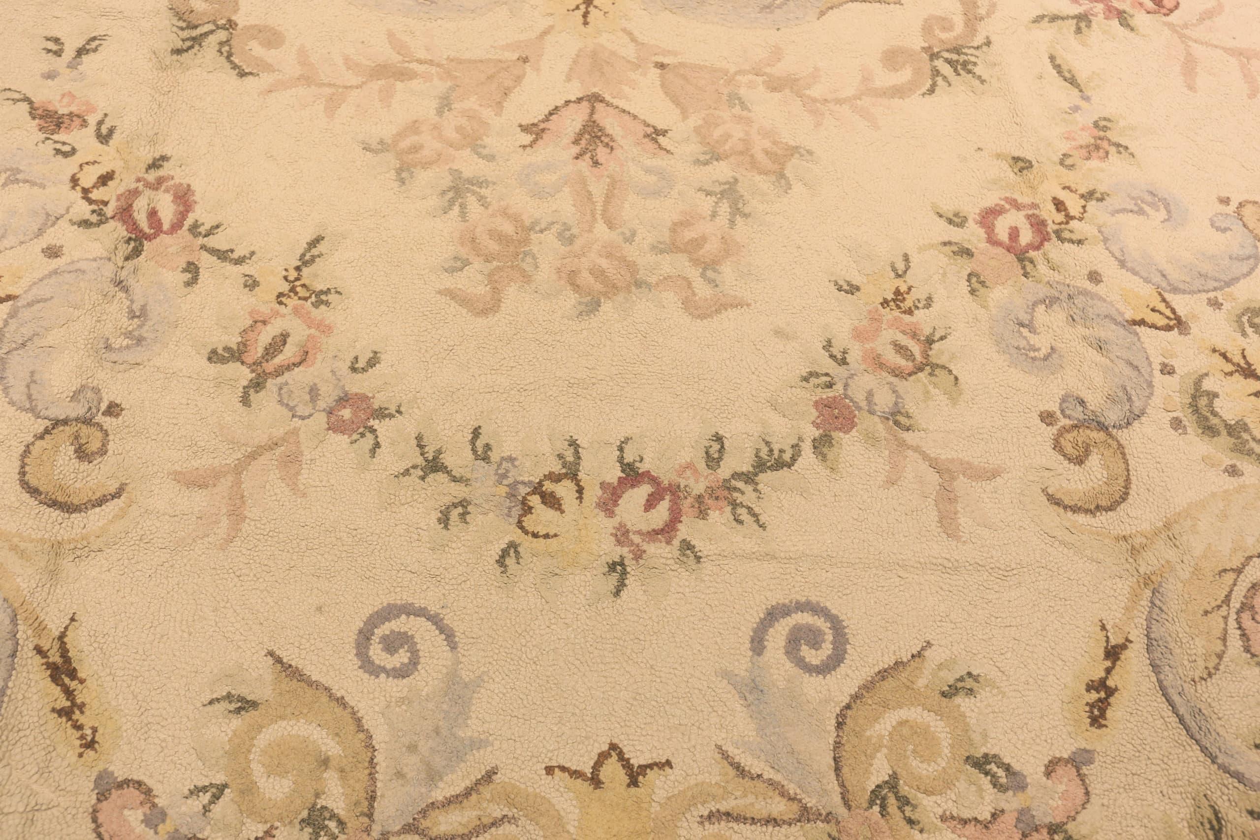 Floral Design Antique Ivory Oversized American Hooked Rug 12'4