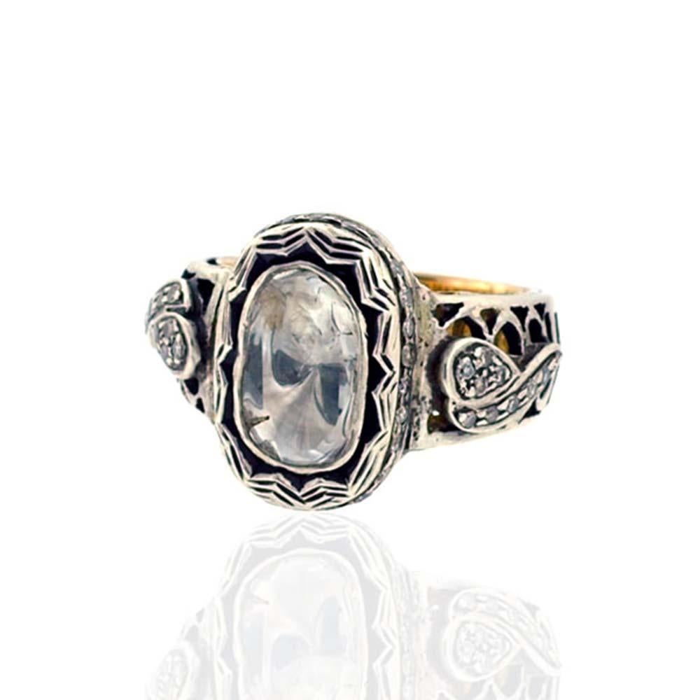 Rose Cut Floral Design Cocktail Ring with Center Diamond Made in 14k Gold & Silver For Sale