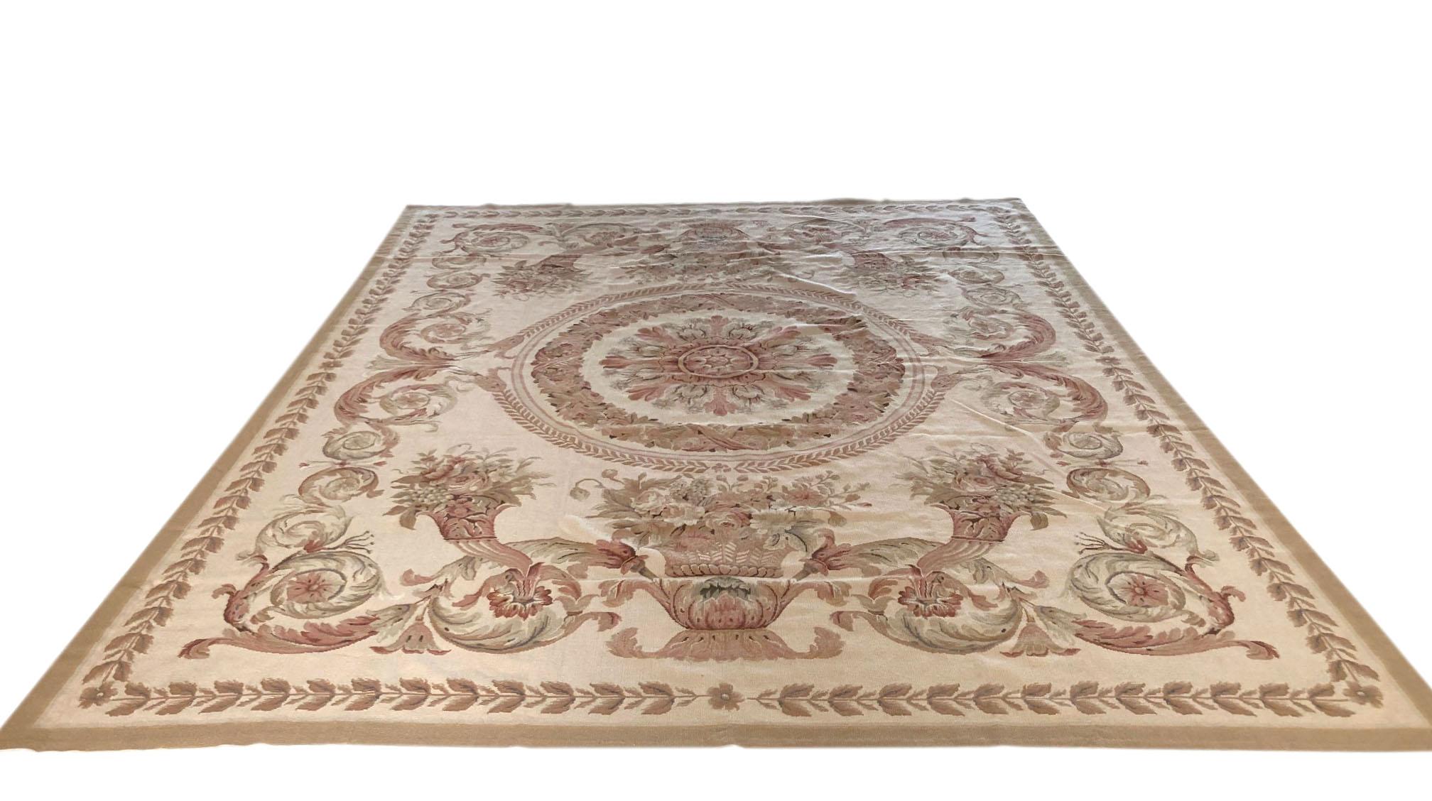 Contemporary Floral Design Cream Needlepoint Chinese Rug For Sale