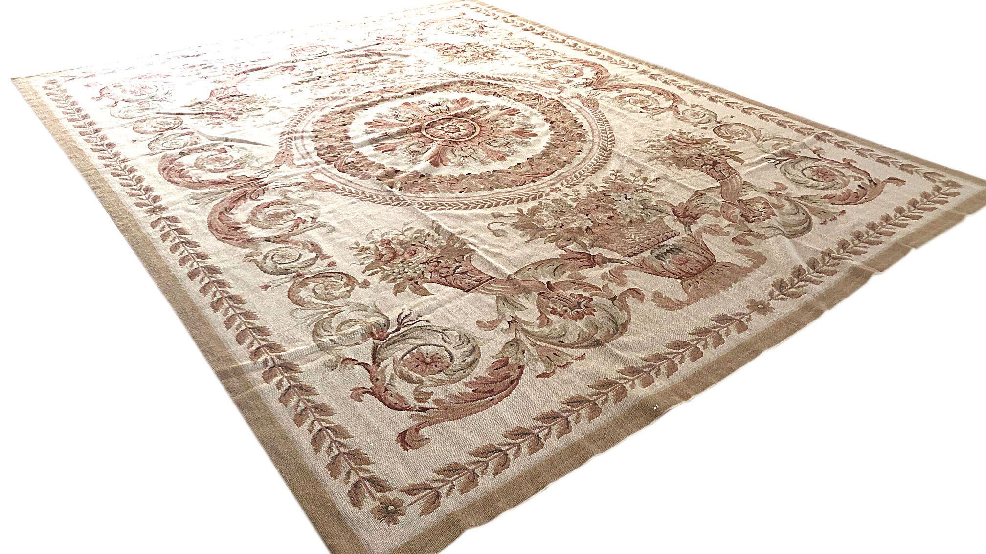Wool Floral Design Cream Needlepoint Chinese Rug For Sale