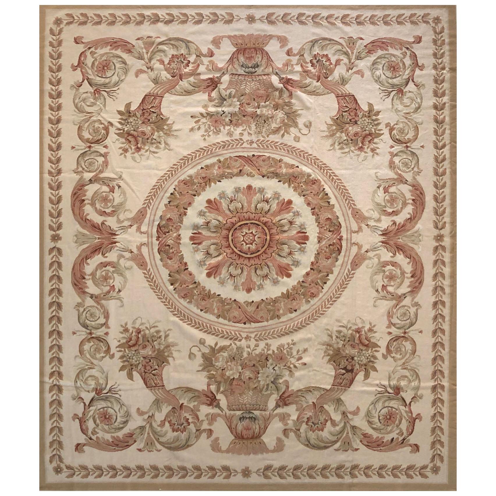 Floral Design Cream Needlepoint Chinese Rug For Sale