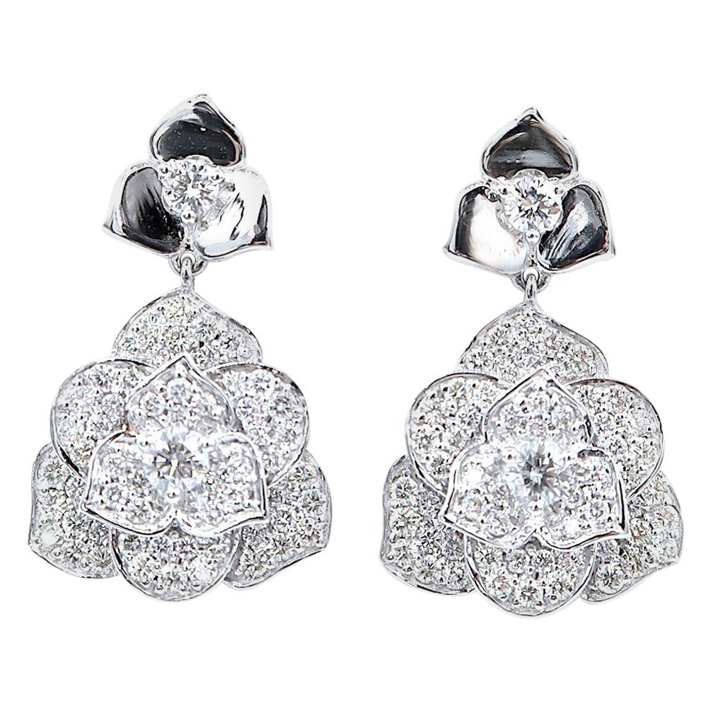 Diamond Gold Floral Pendant Drop Earrings For Sale (Free Shipping) at