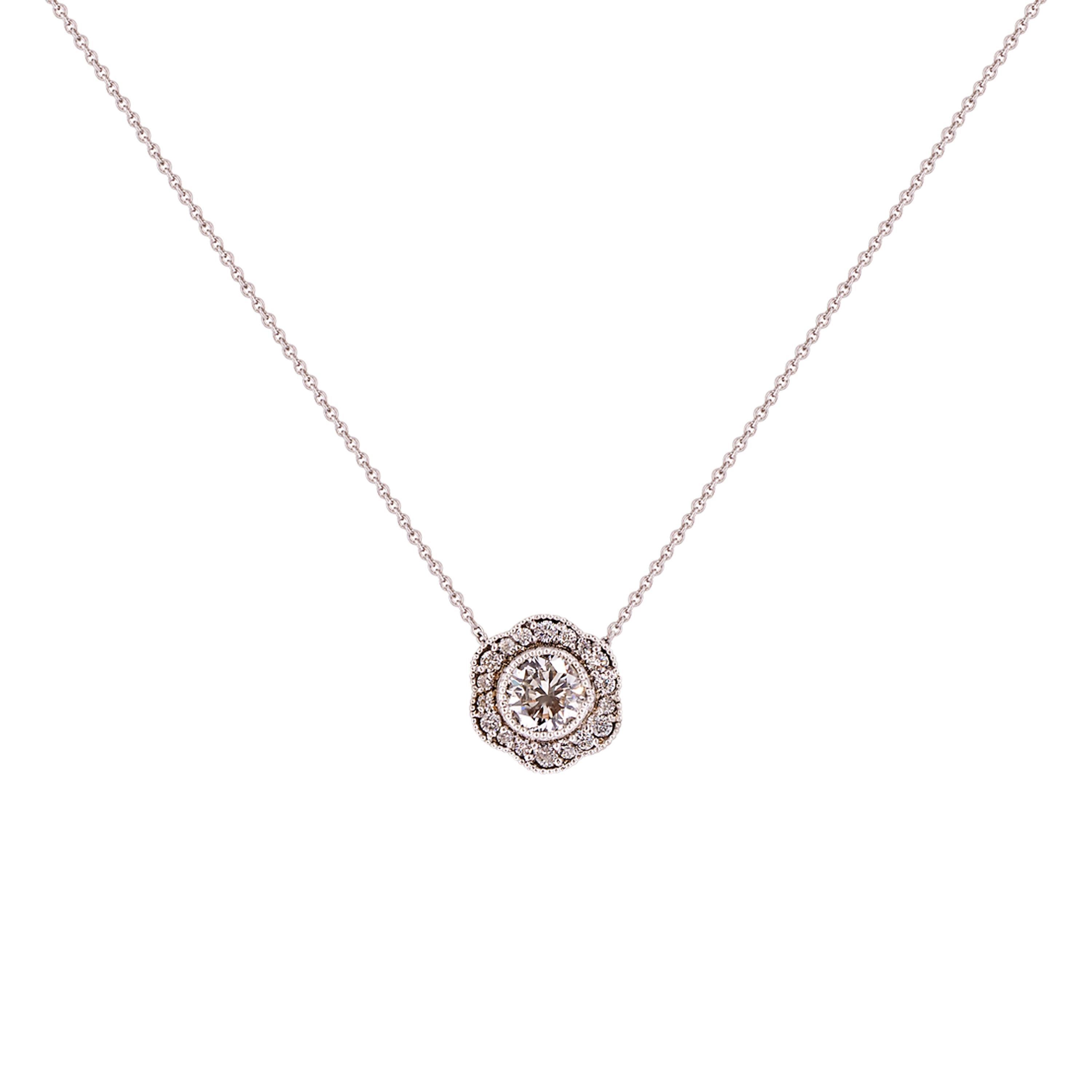 Art Deco Floral Design Diamond Halo Pendant Necklace 14K White Gold For Sale