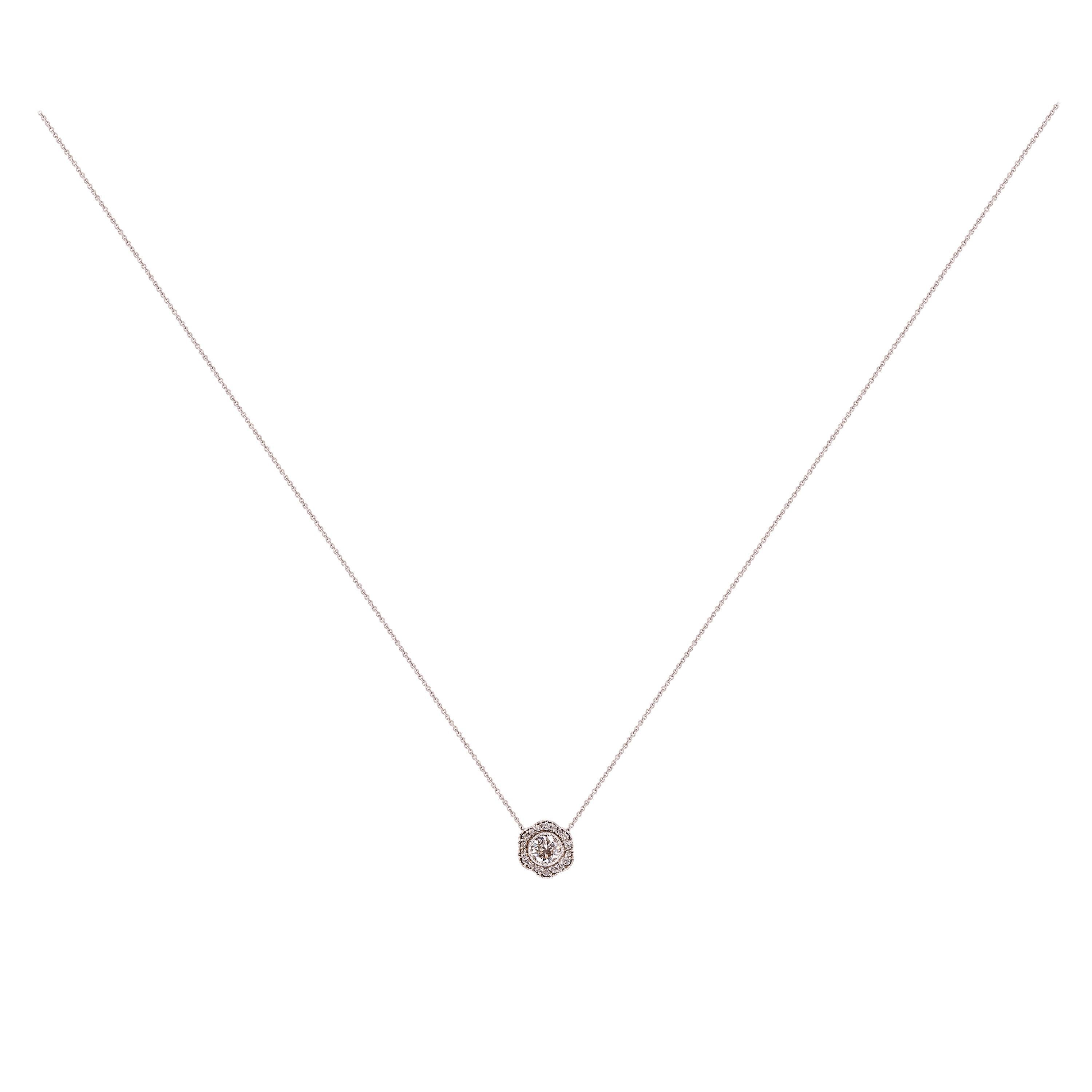 Round Cut Floral Design Diamond Halo Pendant Necklace 14K White Gold For Sale