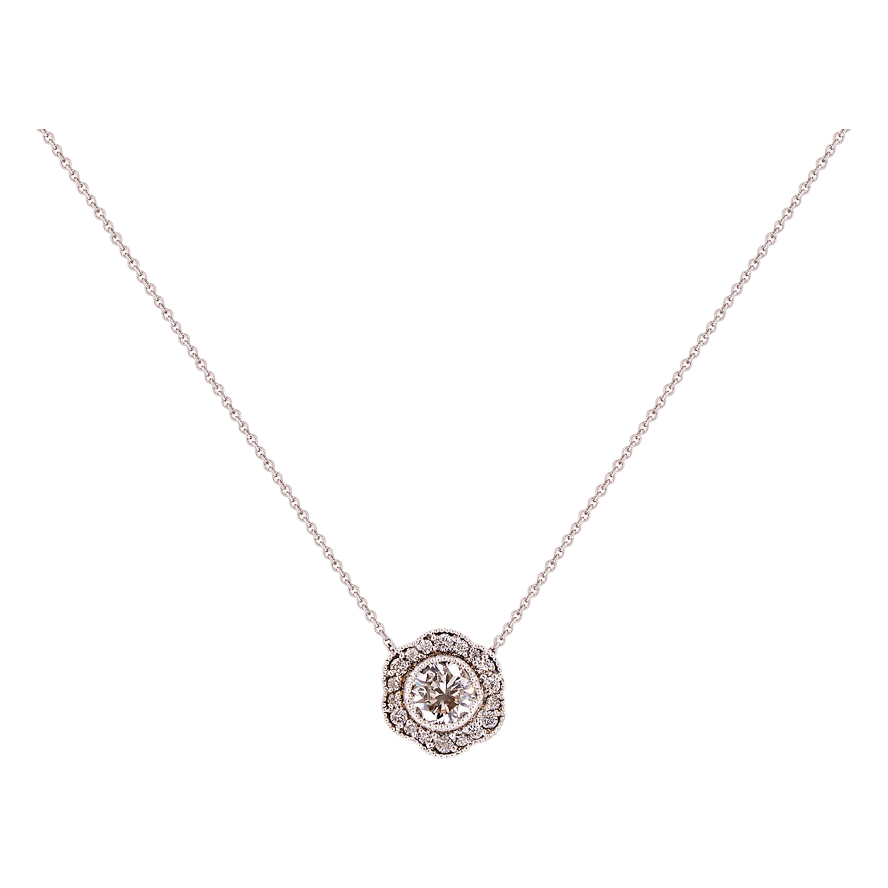 Floral Design Diamond Halo Pendant Necklace 14K White Gold For Sale