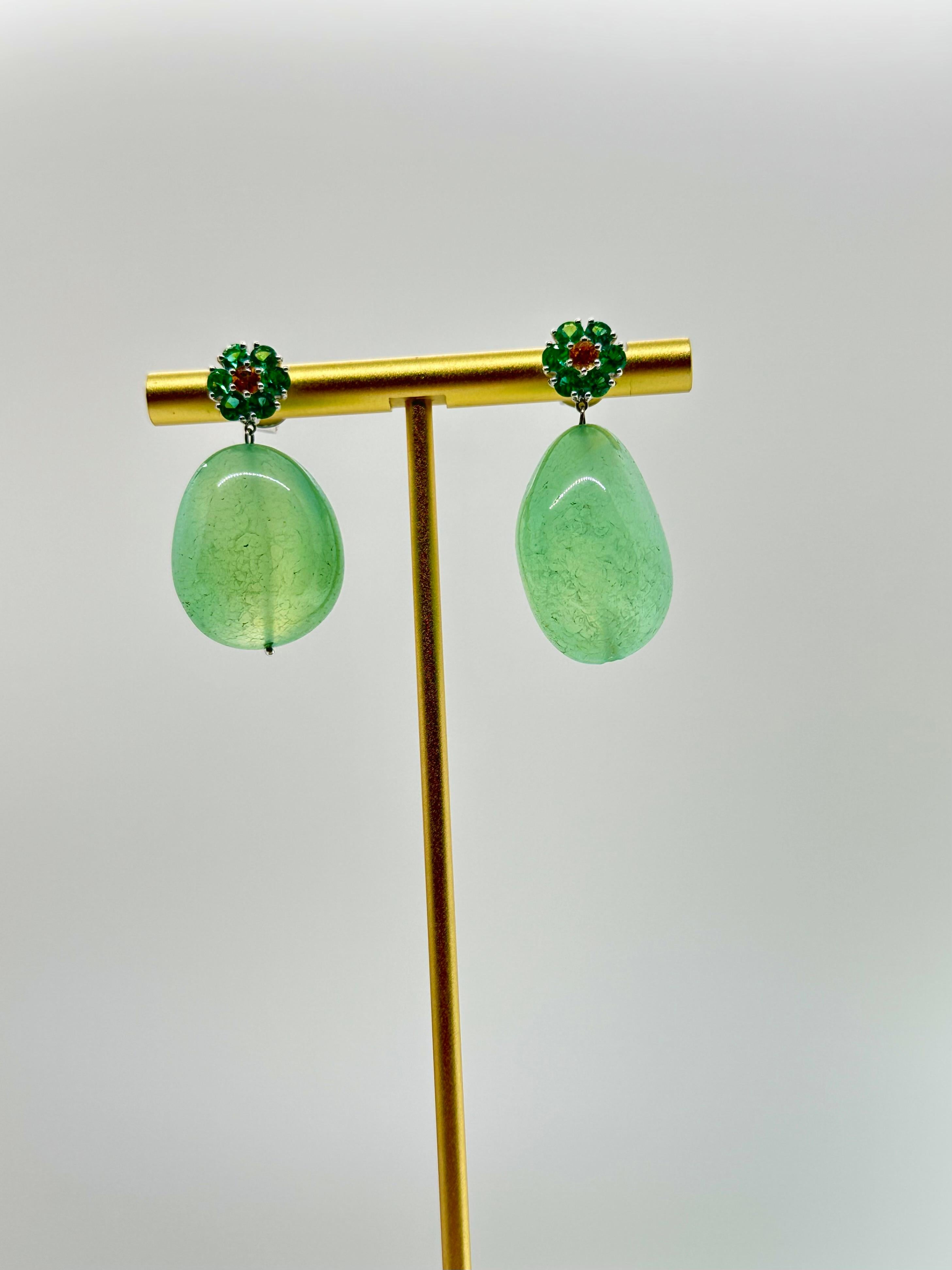 Artisan  Floral design Earring with emerald and Chalcedony For Sale