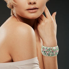 Floral Design Enamel Cuff Bracelet with Diamonds Made in 18k Gold & Silver