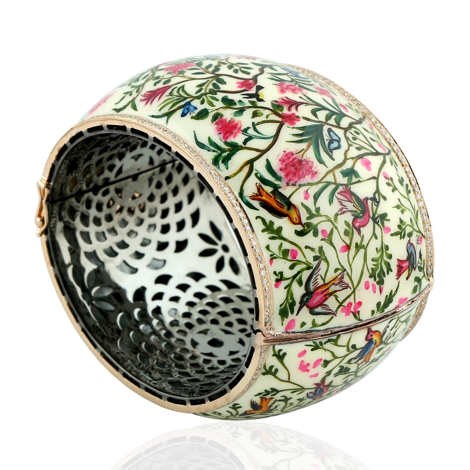 Art Deco Floral Design Enamel Cuff Bracelet with Diamonds Made in 18k Gold & Silver For Sale