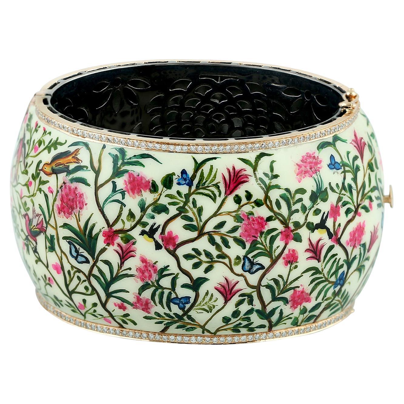 Floral Design Enamel Cuff Bracelet with Diamonds Made in 18k Gold & Silver For Sale