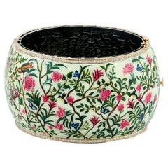 Floral Design Enamel Cuff Bracelet with Diamonds Made in 18k Gold & Silver
