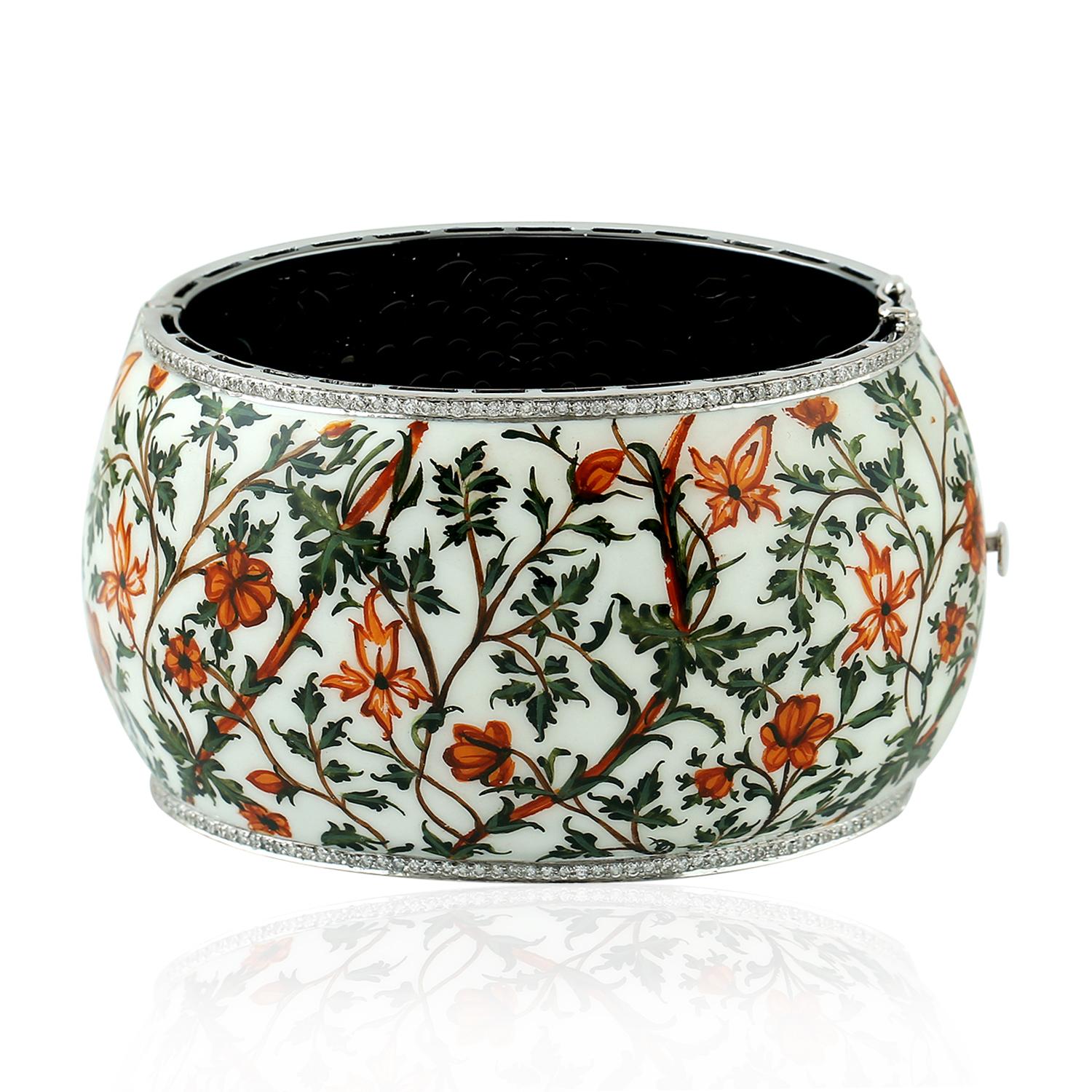 Mixed Cut Floral Design Enameled Cuff Bracelet with Diamonds in 18k Gold & Silver For Sale