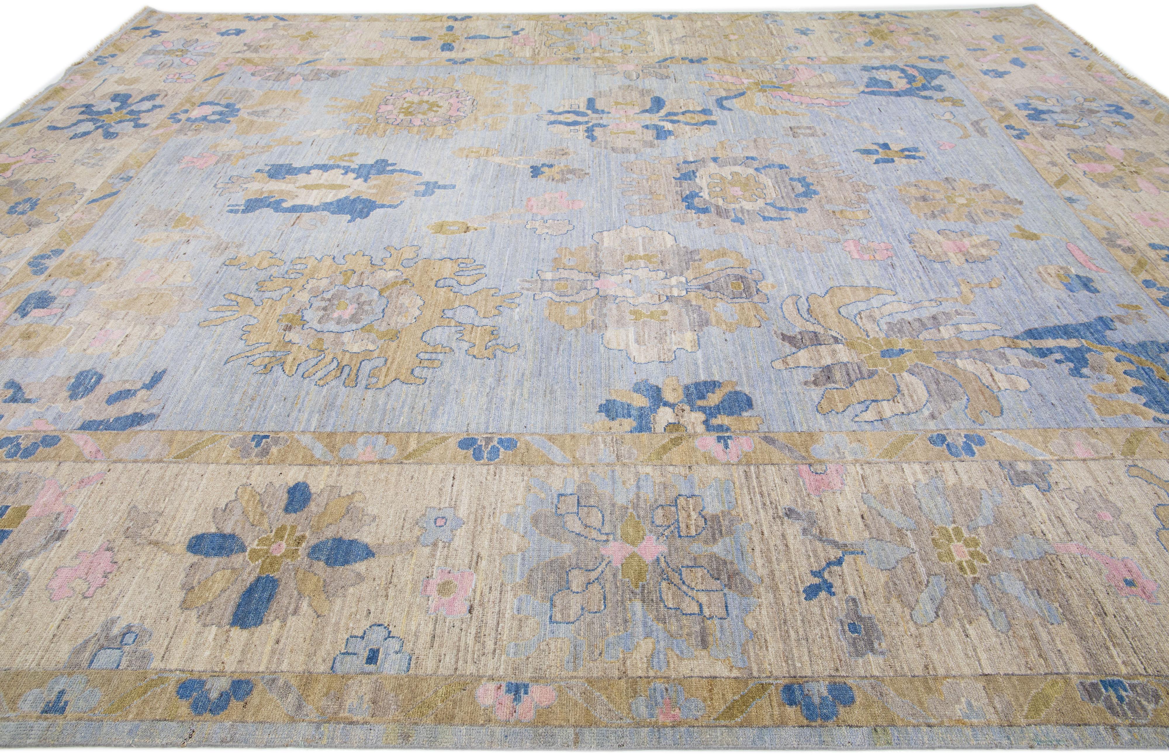 Hand-Knotted Floral Design Handmade Oushak Style Blue Wool Rug For Sale