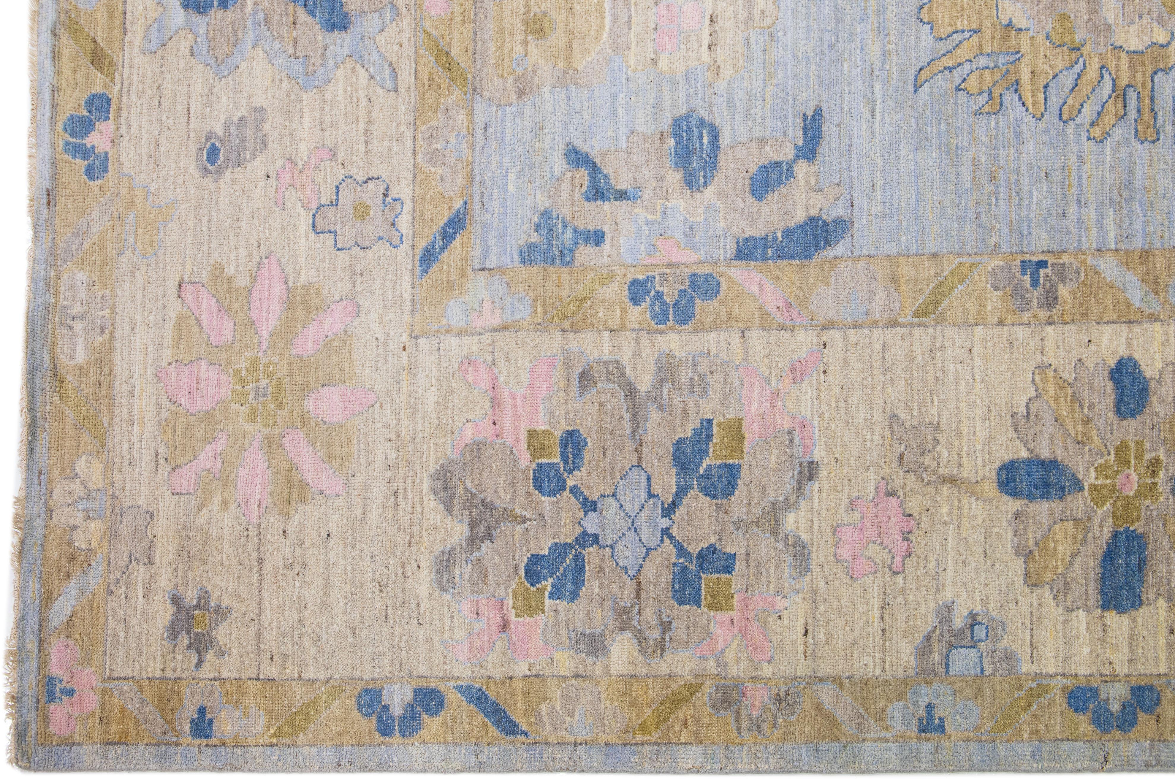 Floral Design Handmade Oushak Style Blue Wool Rug In New Condition For Sale In Norwalk, CT