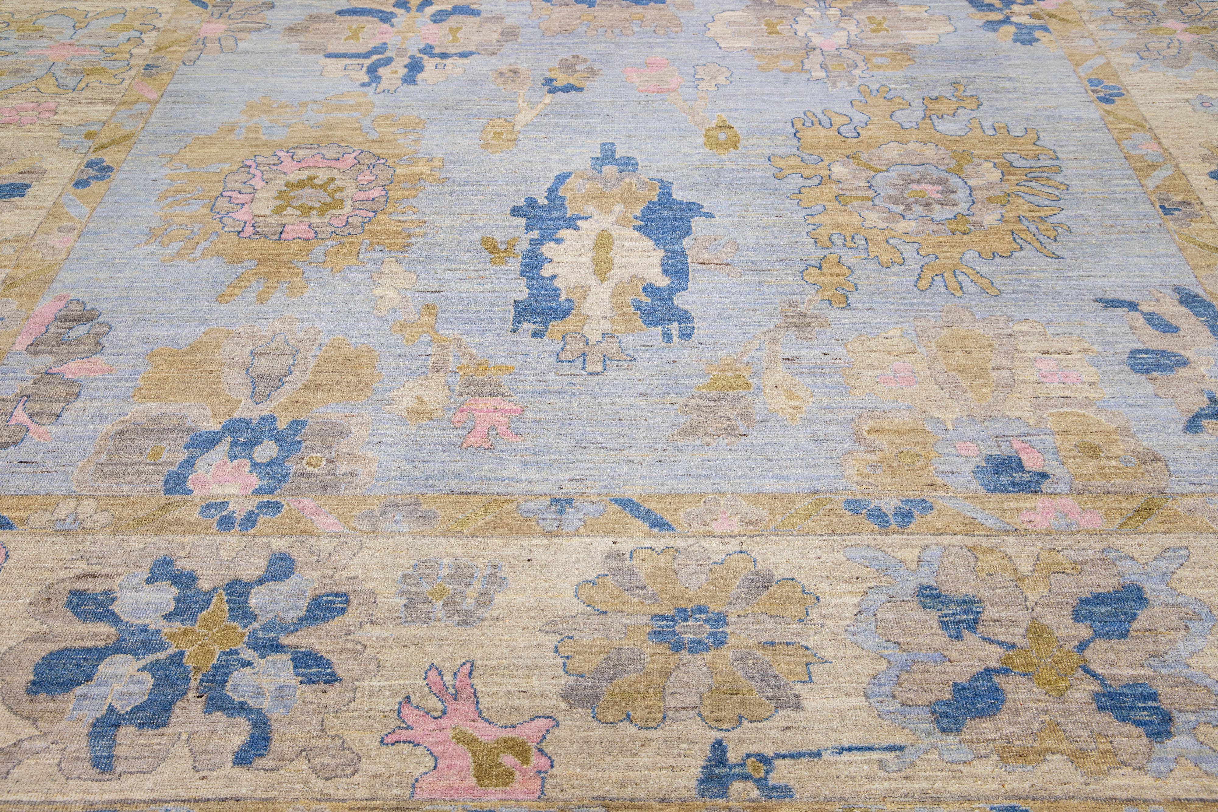 Contemporary Floral Design Handmade Oushak Style Blue Wool Rug For Sale
