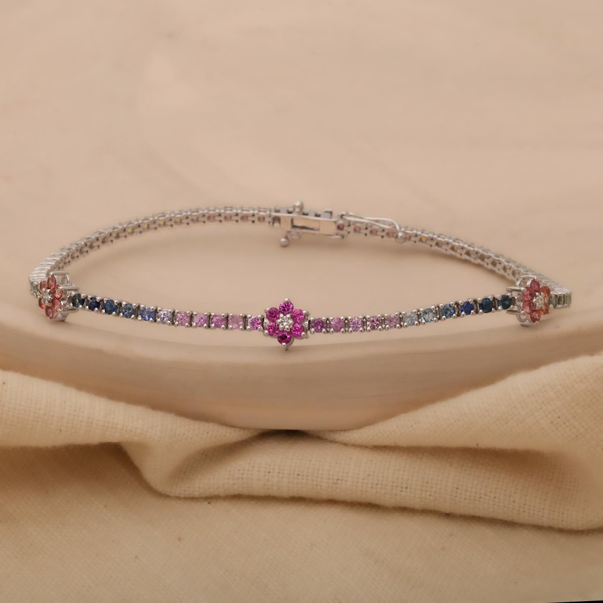 Round Cut Floral Design Rainbow Sapphire Tennis Bracelet For Sale