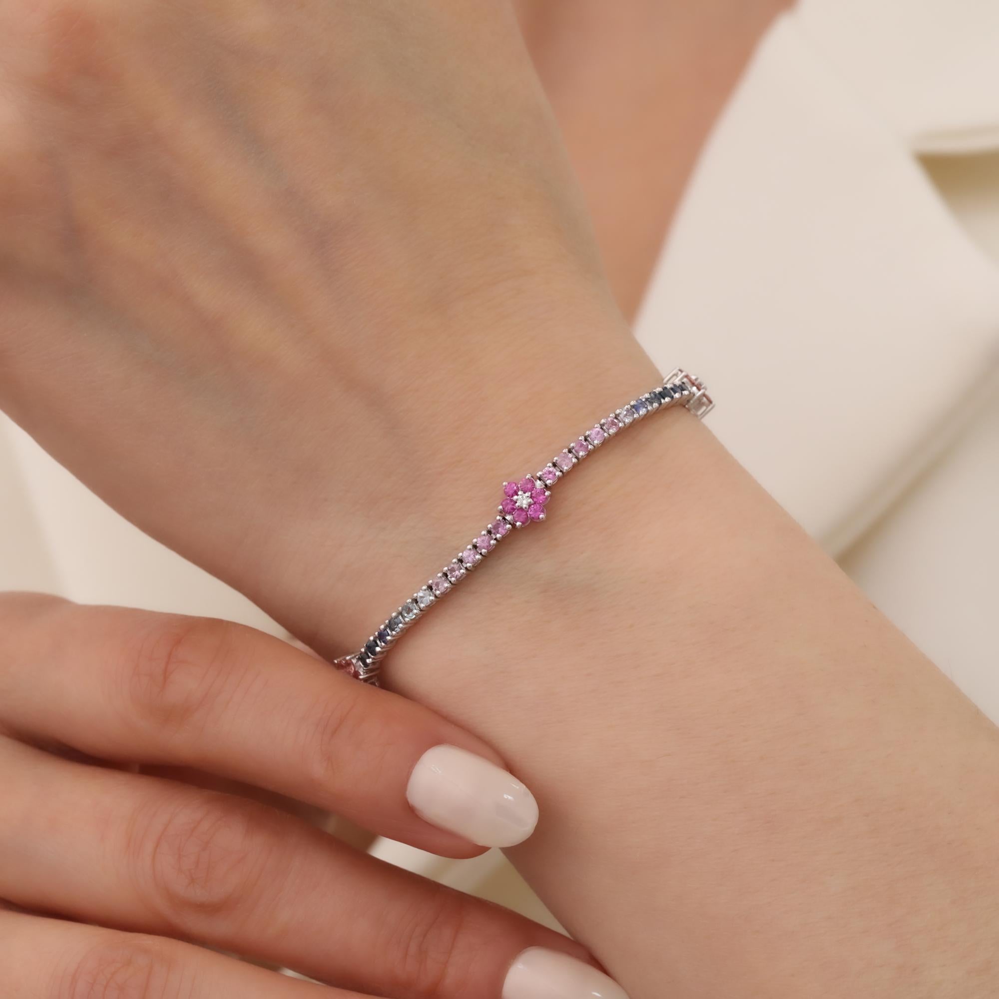 Women's Floral Design Rainbow Sapphire Tennis Bracelet For Sale