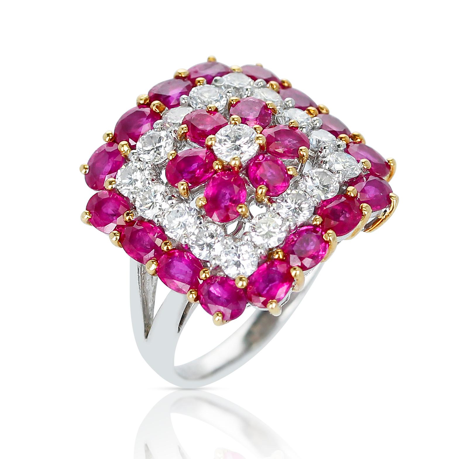 Round Cut Floral-Design Round 4.19 Ct. Ruby and 1.50 Ct. Diamond Ring, Platinum & 18k Gold For Sale
