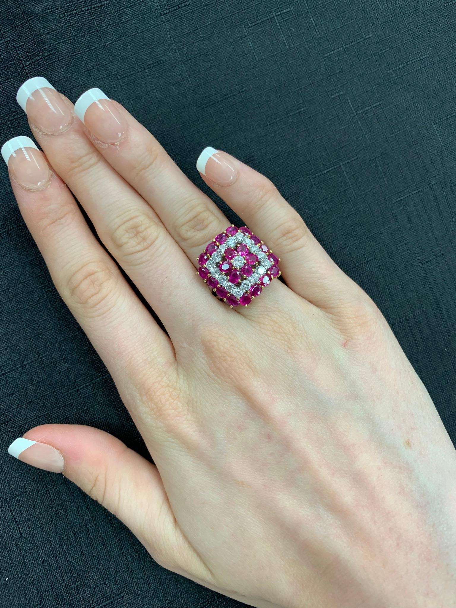 Floral-Design Round 4.19 Ct. Ruby and 1.50 Ct. Diamond Ring, Platinum & 18k Gold In Excellent Condition For Sale In New York, NY