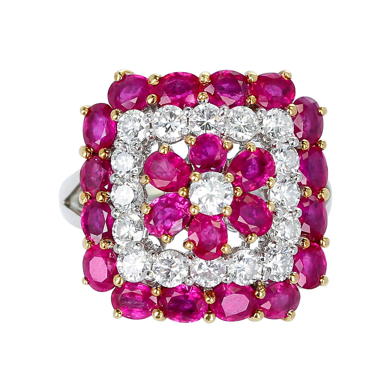 Floral-Design Round 4.19 Ct. Ruby and 1.50 Ct. Diamond Ring, Platinum & 18k Gold For Sale