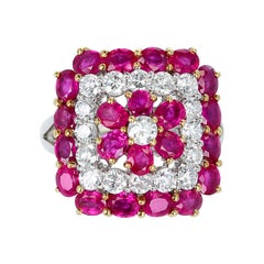 Vintage Floral-Design Round 4.19 Ct. Ruby and 1.50 Ct. Diamond Ring, Platinum & 18k Gold