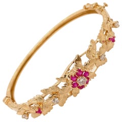 Vintage Floral Design Ruby and Diamond Bangle Bracelet