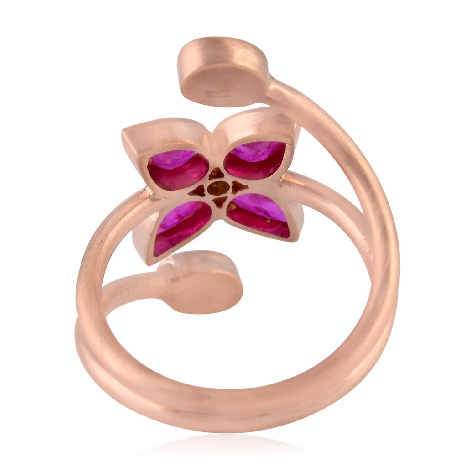 Rose Cut Floral Design Ruby and Diamond Ring Made in 18k Gold For Sale