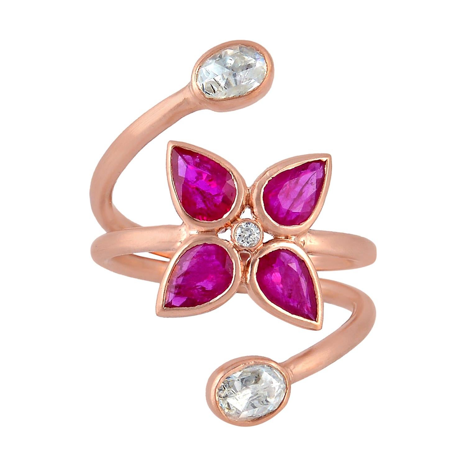 Floral Design Ruby and Diamond Ring Set in 18k Gold