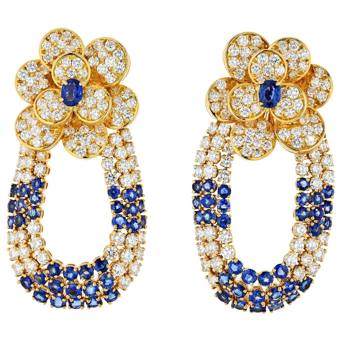 Floral Design Sapphire and Diamond Statement 18 Karat Yellow Gold Earrings