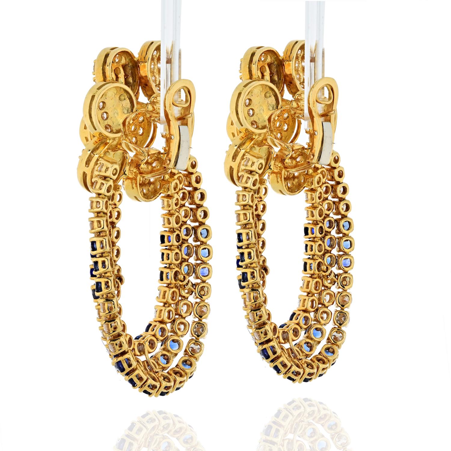 Modern Floral Design Sapphire and Diamond Statement 18 Karat Yellow Gold Earrings
