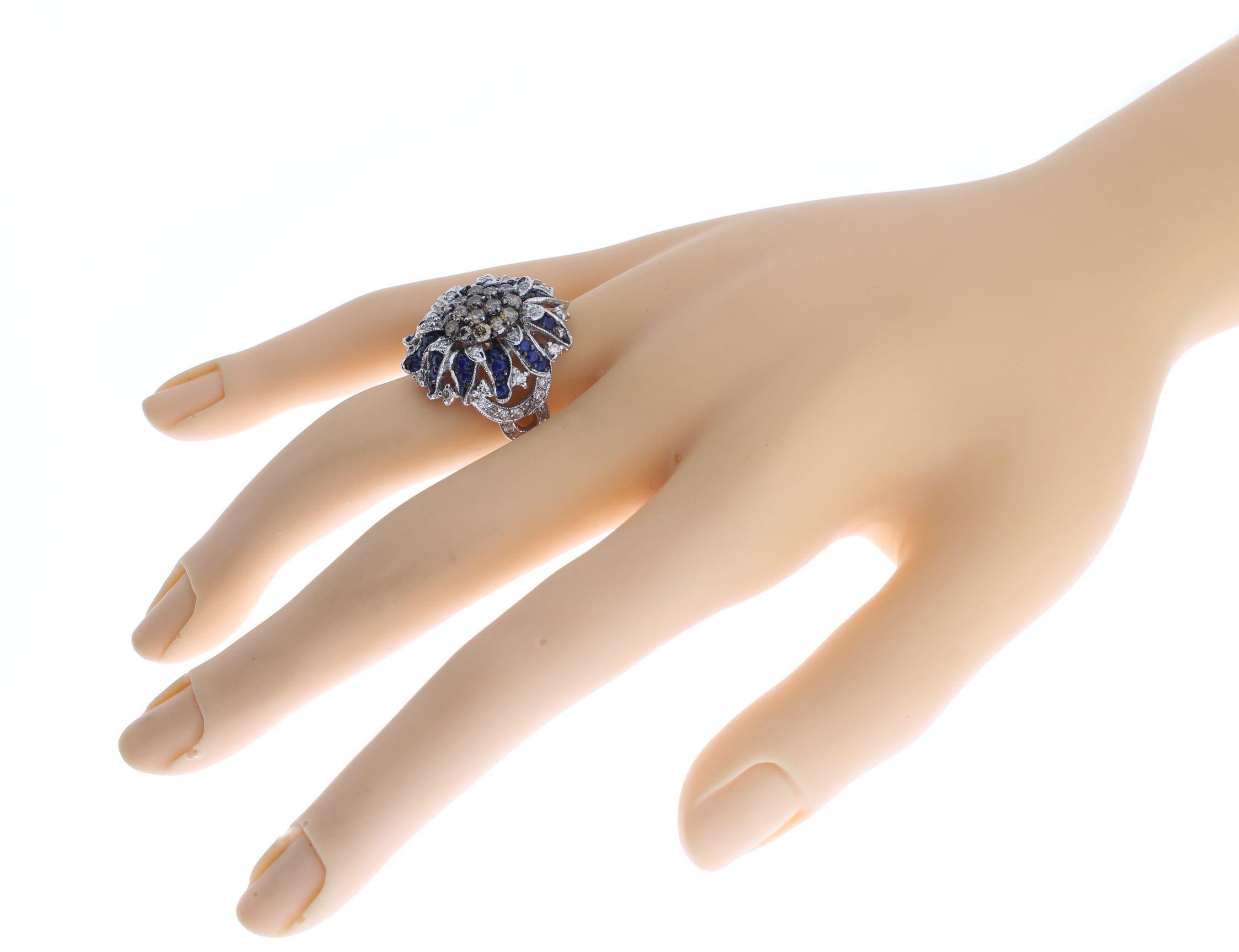 Floral Design Sapphire Diamond White Gold Cluster Ring For Sale 5