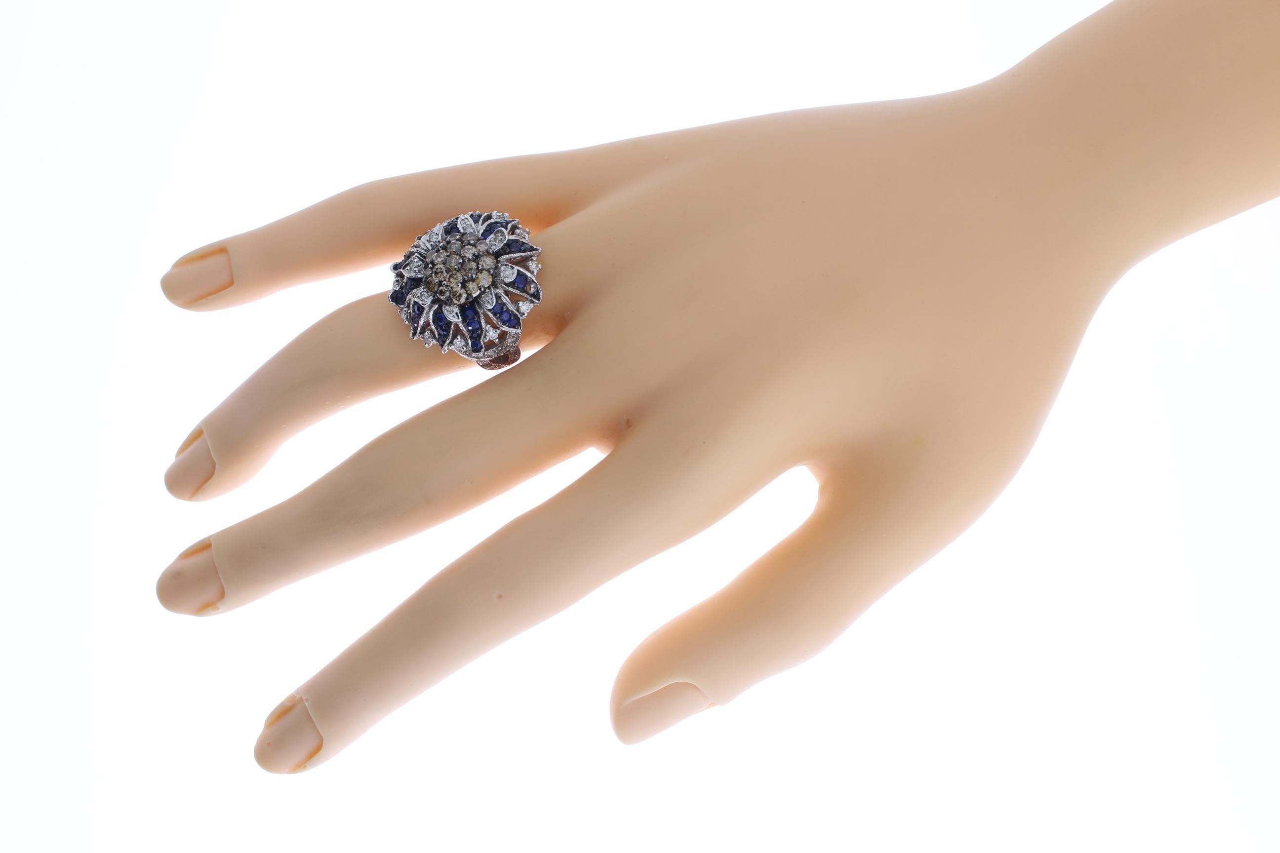 Floral Design Sapphire Diamond White Gold Cluster Ring For Sale 6