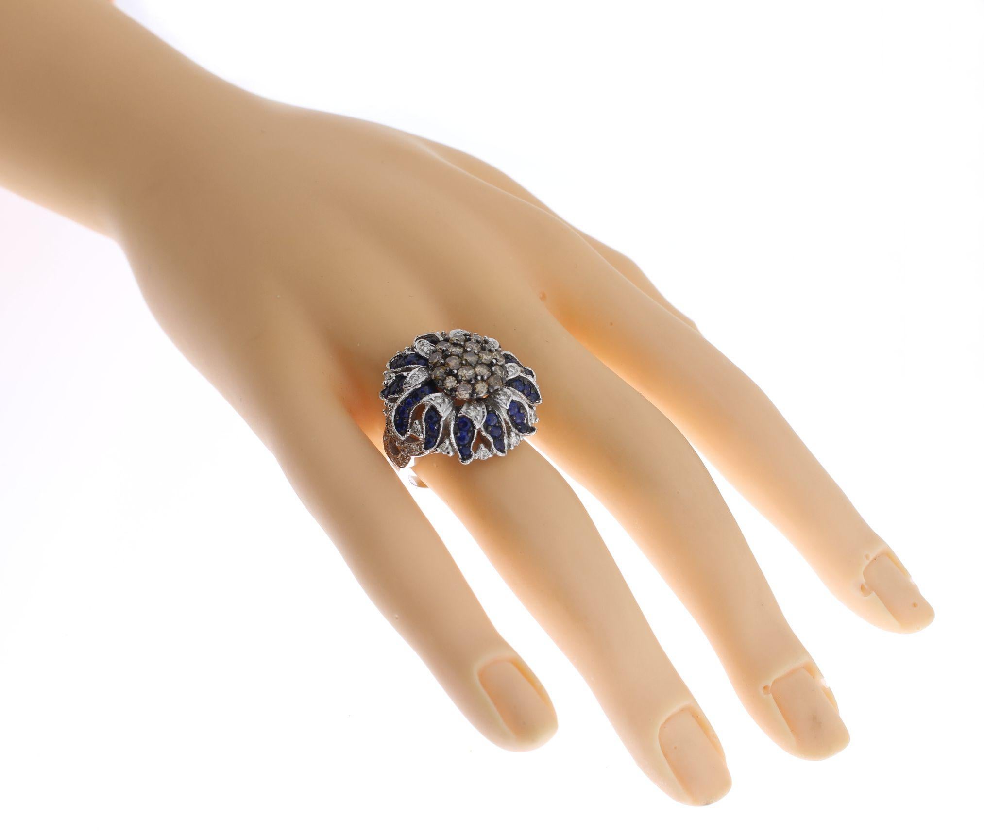 Floral Design Sapphire Diamond White Gold Cluster Ring For Sale 4
