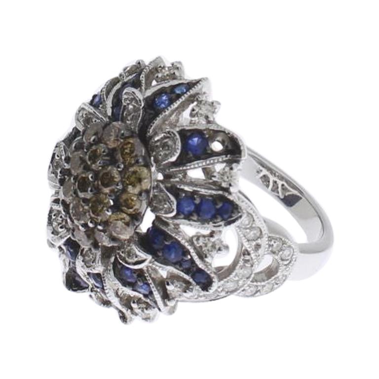 Floral Design Sapphire Diamond White Gold Cluster Ring For Sale