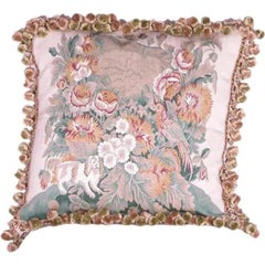 Floral Design Silk Pillow with Bird and Dog Motifs – Decorative Accent Cushion