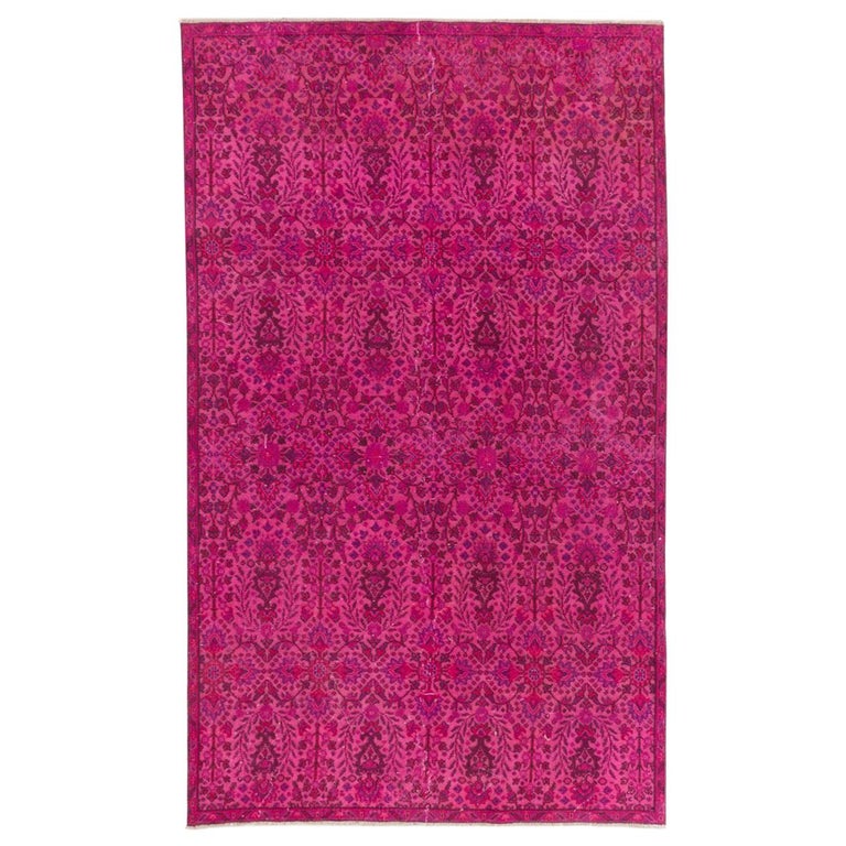 Floral Design Turkish Rug Overdyed In Fuschia Pink Color For Sale At 1stdibs