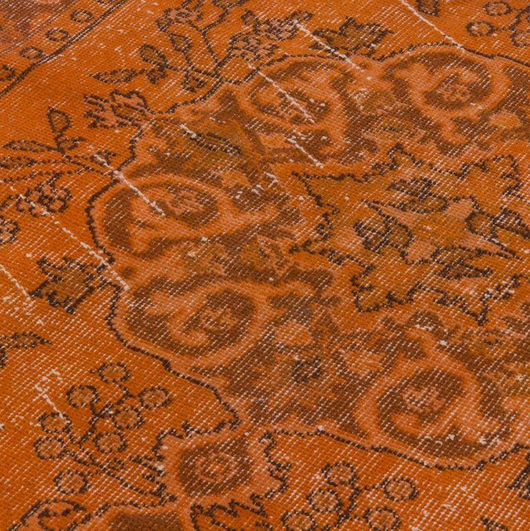 Modern 4x7.3 Ft Contemporary Vintage Wool Rug Re-Dyed in Orange, Handknotted in Turkey