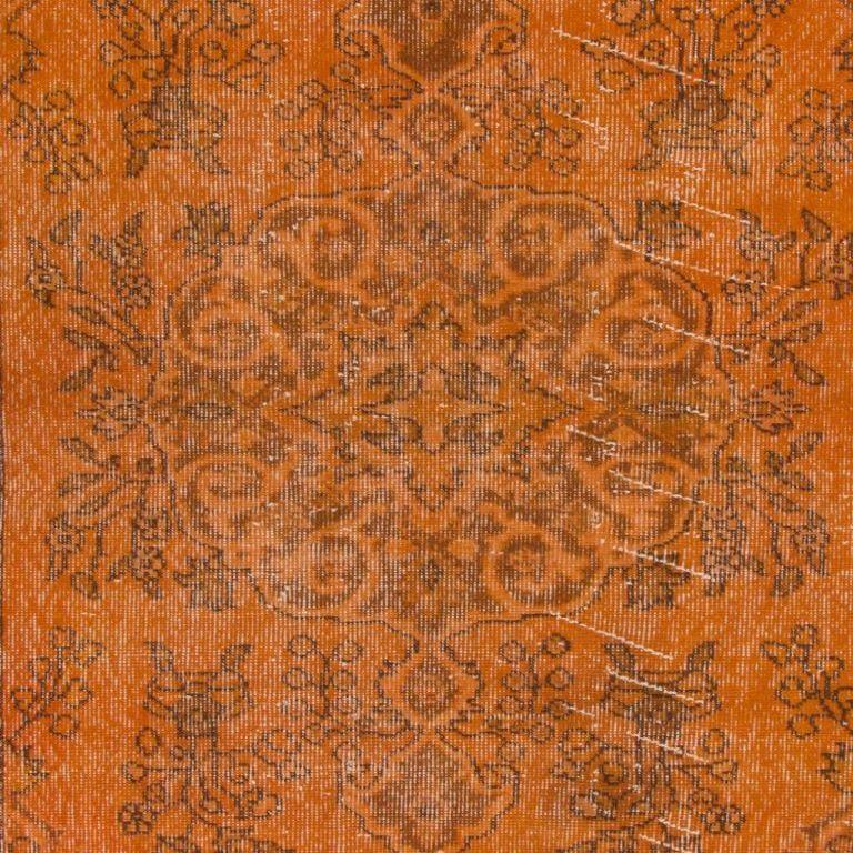 Turkish 4x7.3 Ft Contemporary Vintage Wool Rug Re-Dyed in Orange, Handknotted in Turkey
